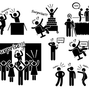 May include: A collection of black and white stick figure illustrations depicting various surprise reactions and pranks. The illustrations include people jumping out of boxes, being surprised by a cake, and being pranked with a computer screen.