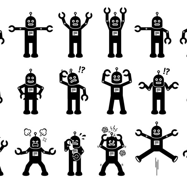 Retro Robot Cartoon Characters Poses Actions Emotions Cliparts Standing Move Smile Sad Cry Angry Funny Cute Download Icons PNG SVG Vector