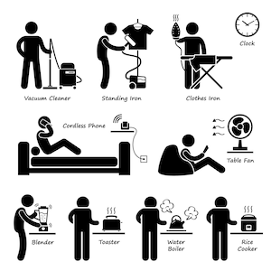 May include: A black and white illustration depicting various household appliances and activities. Included are a vacuum cleaner, standing iron, clothes iron, cordless phone, clock, table fan, blender, toaster, water boiler, and rice cooker.