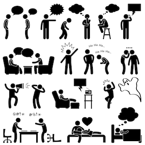 Pode incluir: Ilustrações em preto e branco de figuras de pau que representam diversas interações e emoções humanas, incluindo falar, rir, discutir e ter medo. As ilustrações são simples e expressivas, transmitindo uma gama de experiências humanas.