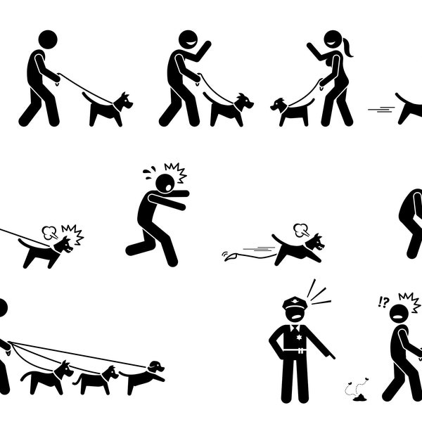 Man Mensen persoon wandelen hond huisdier eigenaar leiband leiden grappige humor trainer training pick-up poep poep feces download PNG SVG Vector