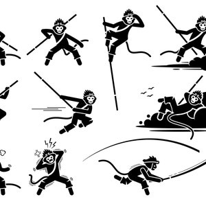 Rei Macaco Sun Wukong Wu Kong Son Goku Personagem Desenho Animado Voando Nimbus Nuvem Lenda Herói Arte Ilustrações Conjunto EPS PNG SVG Vector