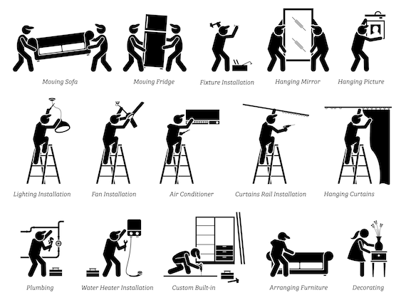 Installation Install Fix Home Improvement Fixture House Decoration Workers Work Moving Furniture Decorating Digital Downlaod PNG SVG Vector