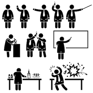 May include: Black and white illustration of a science teacher in a lab coat performing various activities, including teaching, experimenting, and conducting research. The illustrations depict a variety of science-related activities, such as using a microscope, mixing chemicals, and writing on a whiteboard.