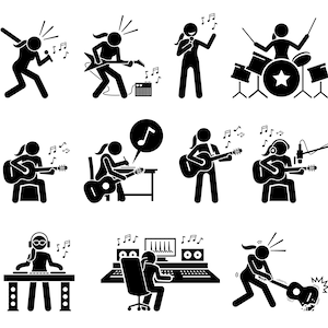 Peut inclure: Illustrations en noir et blanc de personnages en bâtonnets jouant de différents instruments de musique. Les illustrations comprennent un chanteur, un batteur, un guitariste, un claviériste, un producteur de musique et une personne jouant de la guitare avec un microphone.