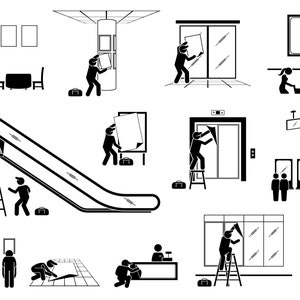 Puede incluir: Ilustraciones en blanco y negro de personas instalando varios tipos de vidrio y espejos. Las ilustraciones muestran personas que usan escaleras, herramientas y otros equipos para instalar el vidrio y los espejos. Las ilustraciones están sobre un fondo blanco.