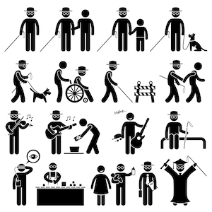 Blind Man People Person Handicap Handicapped Disabled Disability Guide Dog Work Working Stick Figure Donation Download Icons PNG SVG Vector