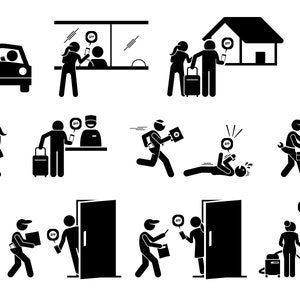 May include: Black and white illustrations of people using a mobile app to interact with others in various situations, including ordering food, hailing a ride, and making purchases.