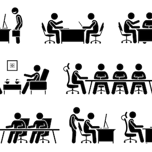 Puede incluir: Una colecci&oacute;n de ilustraciones en blanco y negro de figuras de palo que representan varios escenarios empresariales. Las escenas incluyen reuniones, presentaciones y discusiones individuales, todas en entornos de oficina.
