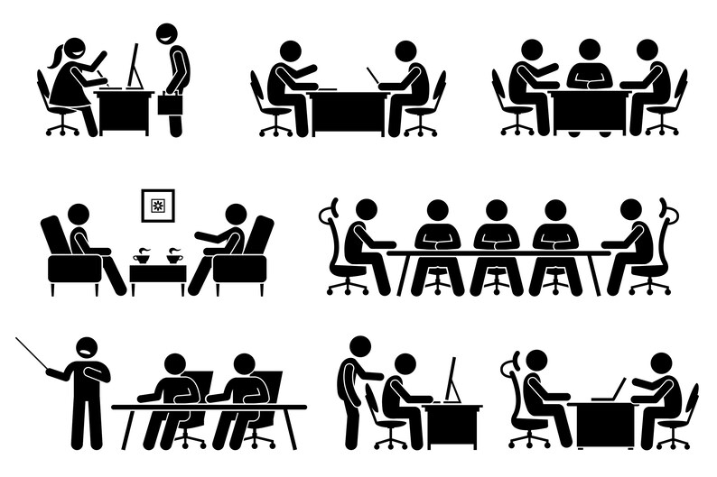 Puede incluir: Una colecci&oacute;n de ilustraciones en blanco y negro de figuras de palo que representan varios escenarios empresariales. Las escenas incluyen reuniones, presentaciones y discusiones individuales, todas en entornos de oficina.