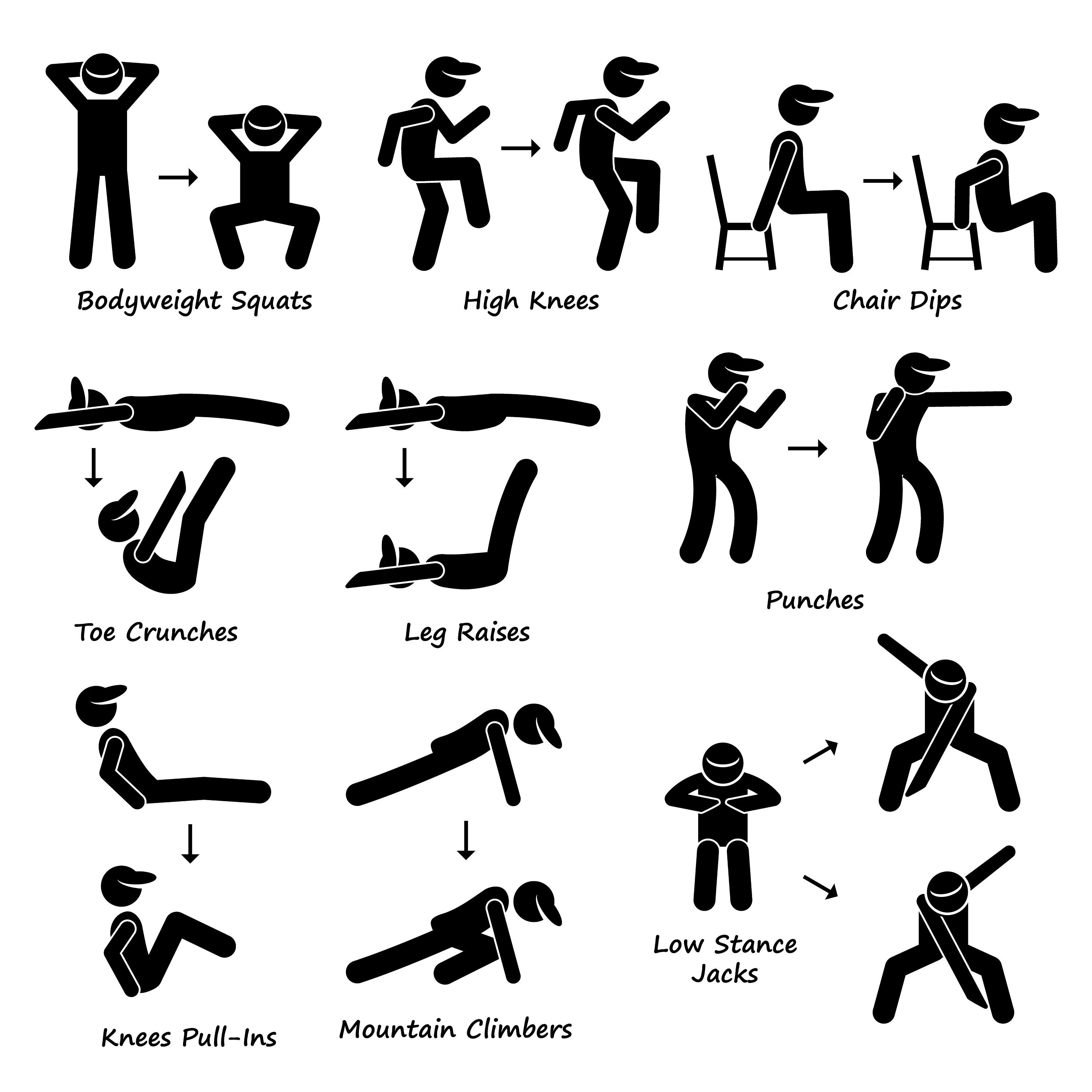 Body Gym Workout Exercise Fitness Training Squats High Knees Chair Dip Leg  Crunches Punches Mountain Climbers Download Icons PNG SVG Vector - Etsy  Ireland