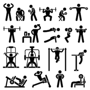 Gym Gymnasium Body Muscle Build Building Exercise Athlete Barbell Dumbbell Train Training Fitness Workout Stick Figure PNG SVG EPS Vector