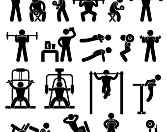 May include: Black and white stick figure illustrations of various gym exercises, including weightlifting, pull-ups, push-ups, and bench press.