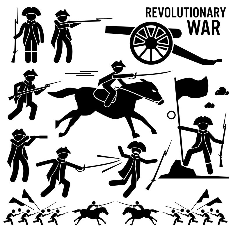 Puede incluir: Ilustraciones en blanco y negro de figuras de palo que representan escenas de la Guerra de Independencia Americana. Las ilustraciones incluyen soldados marchando, luchando, montando a caballo y disparando ca&ntilde;ones. El texto "Revolutionary War" est&aacute; en la parte superior de la imagen.