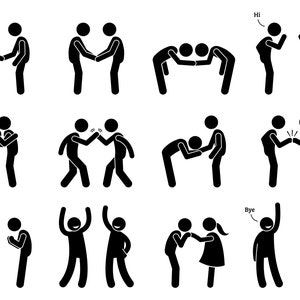 May include: Black and white stick figure illustrations showing different ways people greet each other, including shaking hands, hugging, bowing, high fiving, and waving. The illustrations include the words "Hi" and "Bye".
