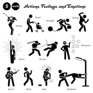 Puede incluir: Ilustraciones en blanco y negro de figuras de palo que representan diversas acciones, sentimientos y emociones. Las palabras "Acciones, Sentimientos y Emociones" están en la parte superior de la imagen. Las palabras "Stroke", "Stroll", "Strong", "Struggle", "Strive", "Struck", "Strum", "Strut", "Stub", "Stubborn" y "Structure" están debajo de cada ilustración.