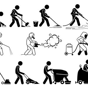 Könnte beinhalten: Schwarz-weiß-Illustrationen von Personen, die putzen. Die Illustrationen zeigen Personen, die einen Besen, einen Mopp, einen Staubsauger, eine Sprühflasche und eine Scheuerbürste benutzen.