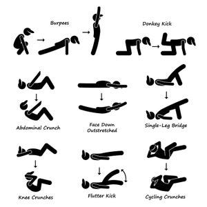 Body Workout Exercise Fitness Training Burpee Donkey Kick Abdominal Crunch Knee Crunches Cycling Postures Download Icons PNG SVG Vector