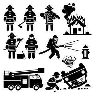 May include: Black and white stick figure illustrations of firefighters in various situations, including rescuing a person, putting out a fire, and using a hose. The illustrations are simple and easy to understand.