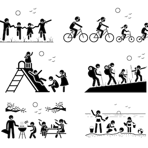 May include: Black and white stick figure illustrations depicting various family activities, including biking, hiking, playing on a slide, having a picnic, and grilling.