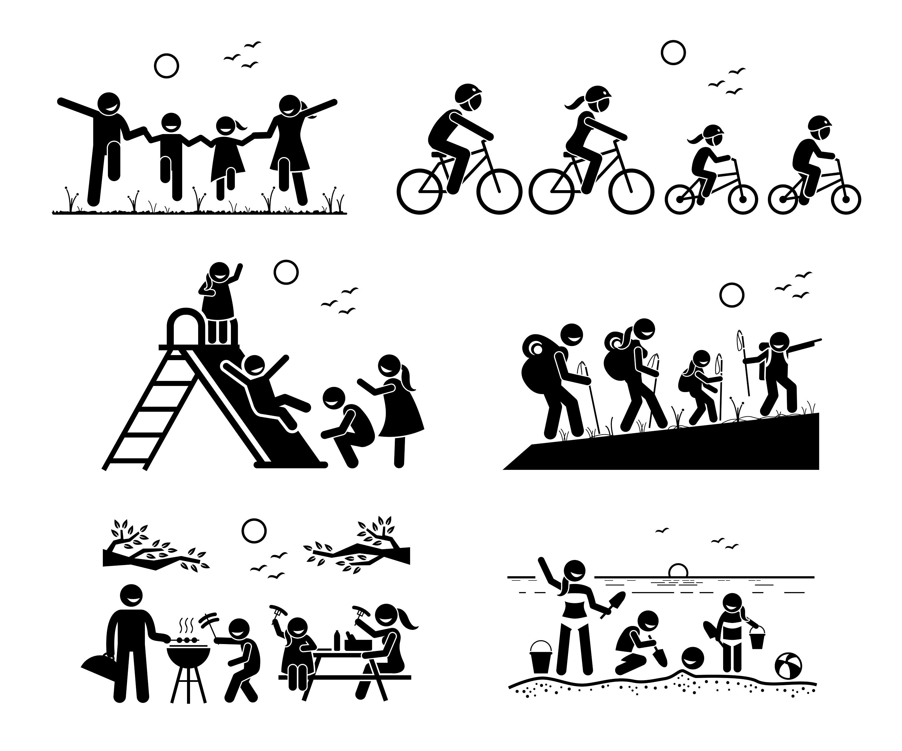 Family Outdoor Recreational Activity Activities Family in Park Playground Riding Playground Bicycle Hiking BBQ Picnic Beach PNG SVG Vector