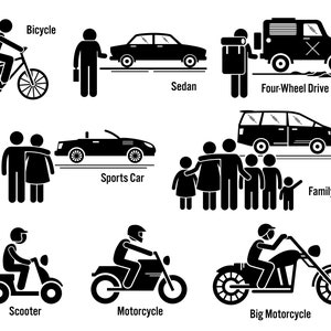 Puede incluir: Ilustraciones en blanco y negro de figuras de palo de personas conduciendo diferentes modos de transporte. Los vehículos incluyen una bicicleta, un sedán, un vehículo de cuatro ruedas motrices, un coche deportivo, un coche familiar, un scooter, una motocicleta y una motocicleta grande.