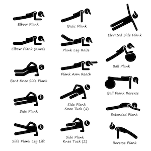 Plank Training Variations Exercise Poses Postures Strength Training Workout Fitness Gym Digital Download Icons Sign Symbol PNG SVG Vector