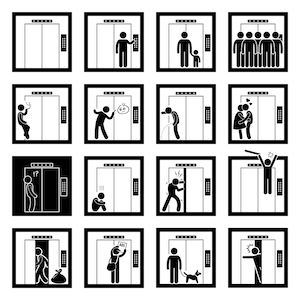 People Man Person Elevator Lift Do and Don't Funny Humor Humorous Cartoon Stick Figure Forbidden Sign Symbol Icons Download PNG SVG Vector