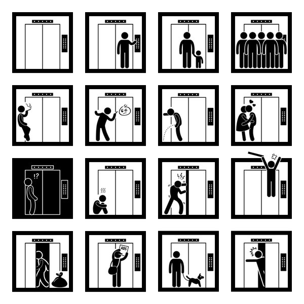 People Man Person Elevator Lift Do and Don't Funny Humor Humorous Cartoon Stick Figure Forbidden Sign Symbol Icons Download PNG SVG Vector