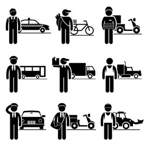 Puede incluir: Ilustración en blanco y negro de nueve personas diferentes en diversas profesiones, cada una con un vehículo. Las profesiones incluyen un taxista, un repartidor, un conductor de autobús, un camionero, un mensajero y un trabajador de la construcción.