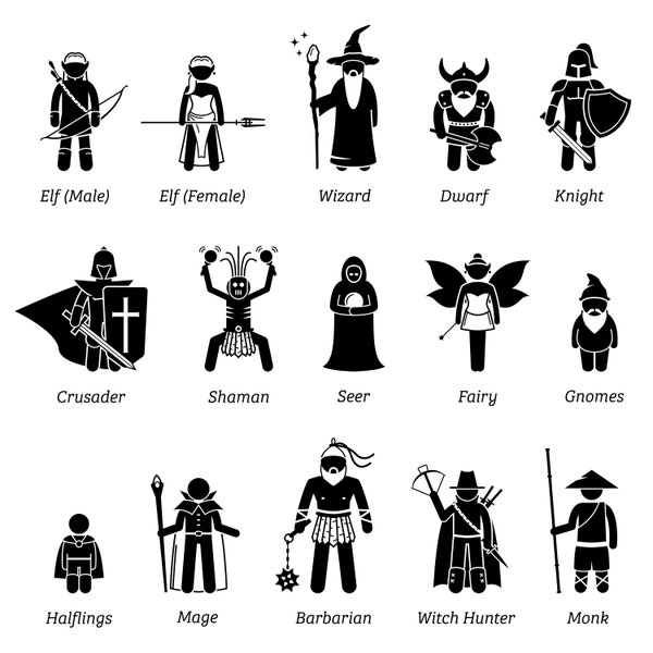 Ancient Medieval Fantasy Character Classes Warriors Wizard Elf Knight Dwarf Crusader Shaman Fairy Witch Digital Download Icon PNG SVG Vector