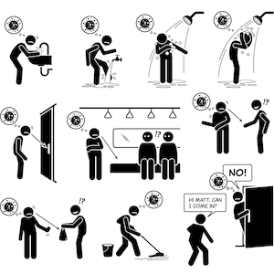 Könnte beinhalten: Schwarz-weiße Strichmännchen-Illustrationen, die verschiedene Möglichkeiten zur Verhinderung der Ausbreitung von Keimen zeigen, darunter Händewaschen, Duschen, Vermeidung von Kontakt mit anderen und Reinigung von Oberflächen. Die Illustrationen enthalten Texte wie "HI MATT, CAN I COME IN?" und "NO!"