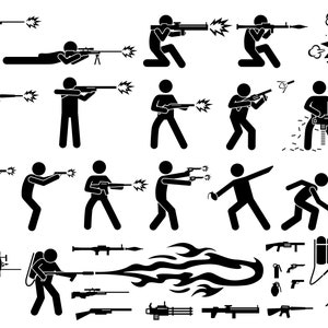 May include: Black and white stick figure illustrations depicting various combat scenarios. Figures are shown firing rifles, machine guns, and other weapons. Explosions and projectile weapons are also shown.