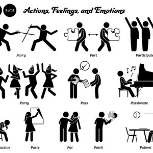 May include: Black and white stick figure illustrations depicting various actions, feelings, and emotions.  The words "Actions, Feelings, and Emotions" are at the top of the image.  The words "Parry", "Part", "Participate", "Party", "Pass", "Passionate", "Passive", "Paste", "Pat", "Patch", and "Patient" are listed below each illustration.
