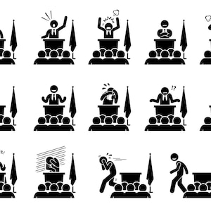 May include: A set of 20 black and white illustrations depicting a person giving a speech at a podium. The person is shown in various poses and expressions, including happy, sad, angry, and confused. The illustrations are perfect for use in presentations, websites, or social media.