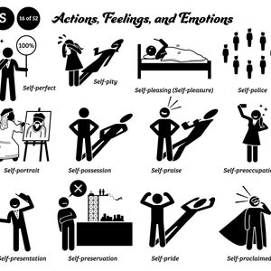 May include: Black and white stick figure illustrations depicting different self-related actions, feelings, and emotions.  The illustrations include self-perfect, self-pity, self-pleasing, self-police, self-portrait, self-possession, self-praise, self-preoccupation, self-presentation, self-preservation, self-pride, and self-proclaimed.