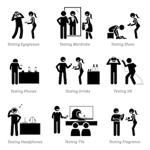 May include: A set of nine black and white stick figure illustrations depicting people testing different products. The illustrations show people trying on eyeglasses, clothes, shoes, phones, drinks, virtual reality headsets, headphones, TVs, and fragrances.