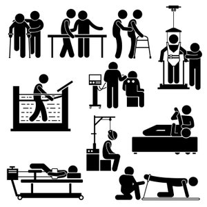 Könnte beinhalten: Schwarz-weiße Strichmännchen-Illustrationen verschiedener Physiotherapie-Übungen. Die Illustrationen zeigen Personen, die verschiedene Geräte verwenden, wie z. B. Parallelbars, Gehhilfen und ein Aufhängungssystem.