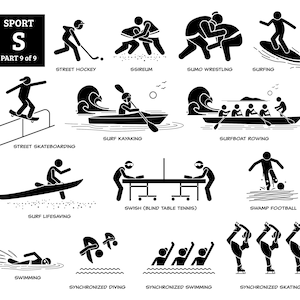 May include: Black and white stick figure illustrations of various sports, including street hockey, ssireum, sumo wrestling, surfing, street skateboarding, surf kayaking, surfboat rowing, surf lifesaving, swish (blind table tennis), swamp football, swimming, synchronised diving, synchronised swimming, and synchronised skating. The text "SPORT S PART 9 of 9" is at the top of the image.