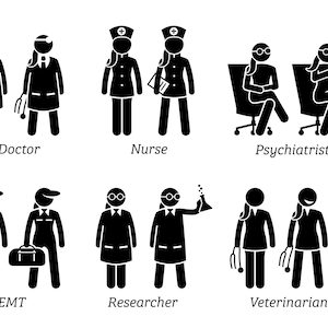May include: Black and white stick figure illustrations of different female professions, including doctor, nurse, psychiatrist, EMT, researcher, and veterinarian.
