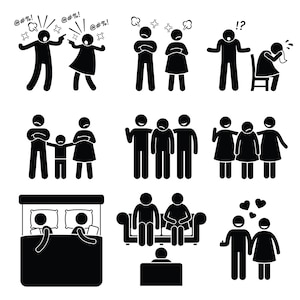 May include: Black and white stick figure illustrations depicting various relationship dynamics, including couples arguing, friends laughing, and families interacting.