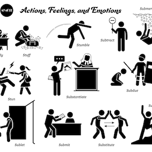 May include: Black and white illustrations depicting various actions and emotions. The image includes stick figures representing concepts like "Study," "Stuff," "Stumble," "Subtract," "Submerge," "Stun," "Substantiate," "Subdue," "Sublet," "Submit," "Substitute," and "Succeed."