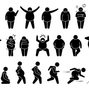 May include: A set of black and white stick figure illustrations depicting a variety of poses and expressions of a person with a large stomach. The figures are in various states of movement, including standing, sitting, running, and jumping.
