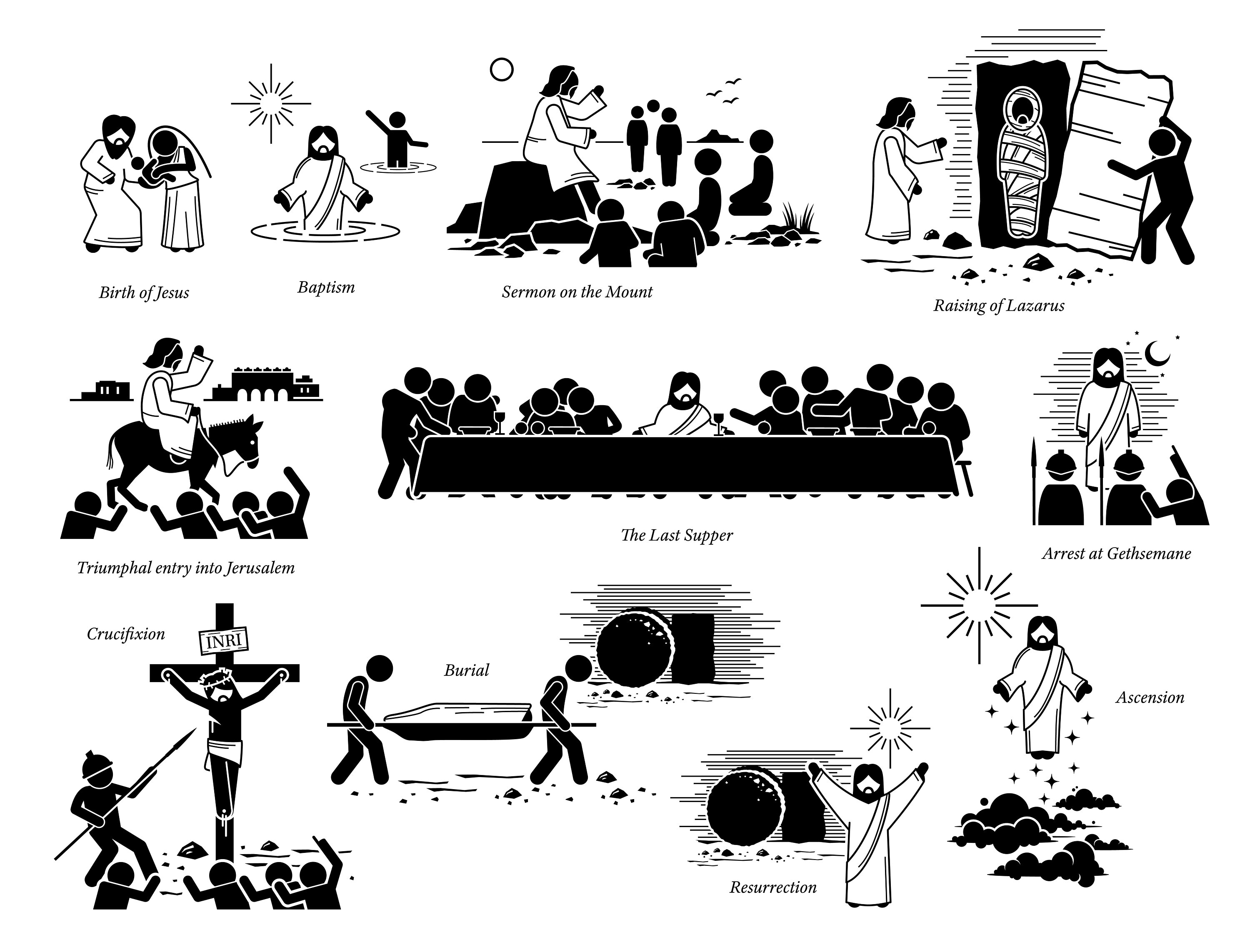 Jesus Christ Lord Savior Son God Birth Baptism Christian Sermon Miracles Jerusalem Last Supper Crucifixion Resurrection Icons PNG SVG Vector