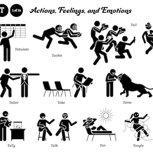 Puede incluir: Ilustraciones en blanco y negro de personas realizando acciones, con la palabra "T" y "1 de 14" en la parte superior. Las acciones son: Tabular, Tacle, Sastre, Tomar, Domar, Contar, Hablar, Broncearse y Enredar.