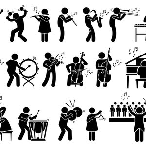 May include: Black and white stick figure illustrations of people playing various musical instruments, including a piano, drums, violin, cello, harp, trumpet, xylophone, and a choir.