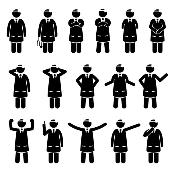 Doctor Medical Officers Hospital Pose Posture Expression Movement Body Gestures Feelings Stick Figures Instant Download Icons PNG SVG Vector