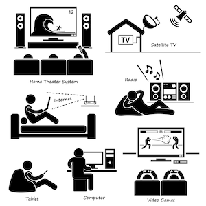 Peut inclure: Illustration en noir et blanc de différentes façons de regarder la télévision, d'écouter de la musique, de jouer à des jeux vidéo et d'utiliser Internet. L'illustration comprend un système de cinéma maison, la télévision par satellite, la radio, Internet, une tablette, un ordinateur et des jeux vidéo.