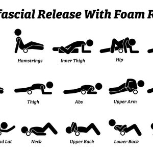 Può includere: Illustrazione in bianco e nero che mostra diversi modi per utilizzare un rullo di schiuma per il rilascio miofasciale. L'illustrazione mostra una persona che si sta rotolando i glutei, i flessori dell'anca, la parte interna della coscia, l'anca, la parte esterna della coscia, i polpacci, la coscia, gli addominali, la parte superiore del braccio, il perone, la spalla e il gran dorsale, il collo, la parte superiore della schiena, la parte inferiore della schiena e il mal di schiena.