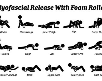 May include: Black and white illustration of different ways to use a foam roller for myofascial release. The illustration shows a person rolling out their glutes, hamstrings, inner thigh, hip, outer thigh, calves, thigh, abs, upper arm, peroneal, shoulder and lat, neck, upper back, lower back, and back pain.